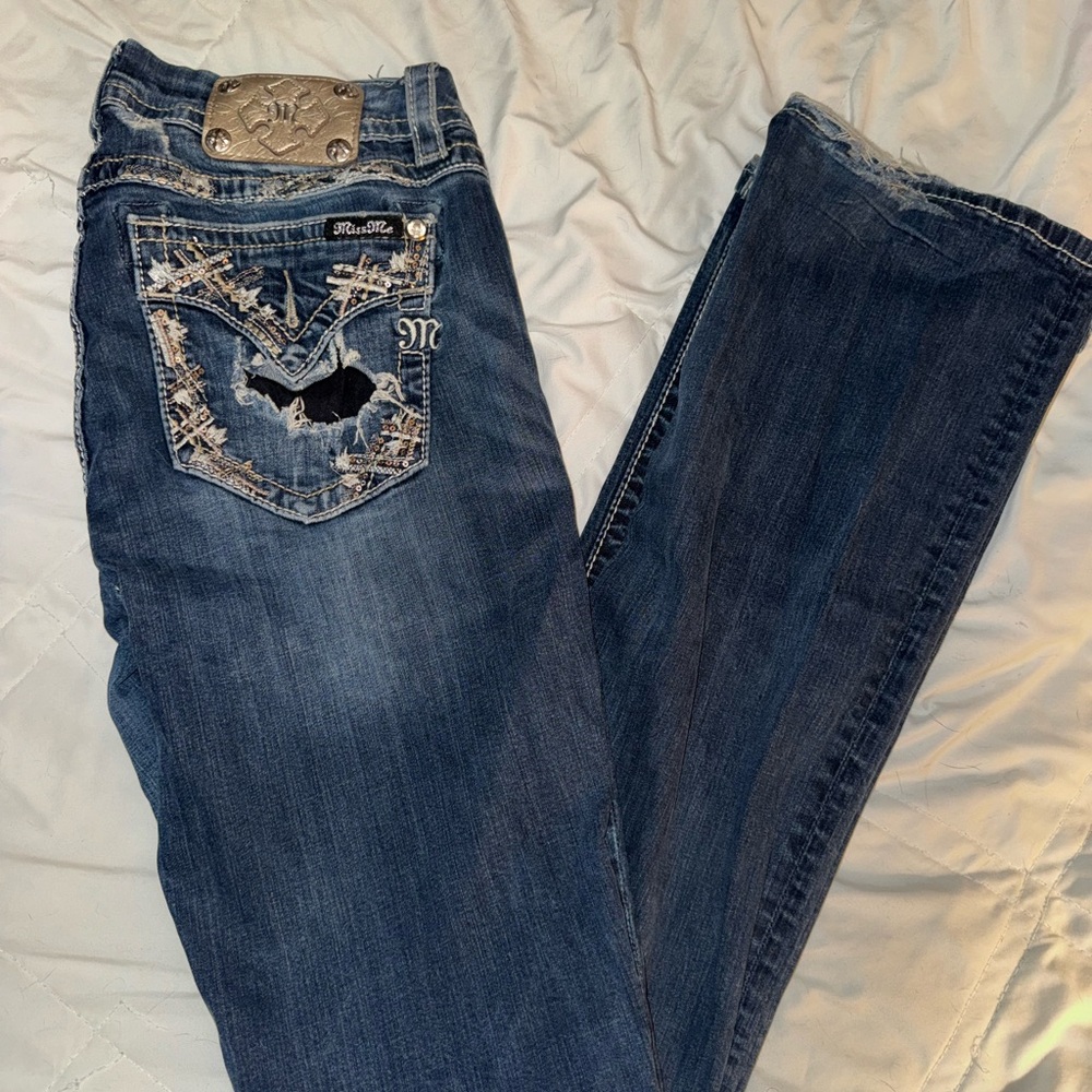 Miss Me Dark Blue Boot Cut Jeans with Silver Accents